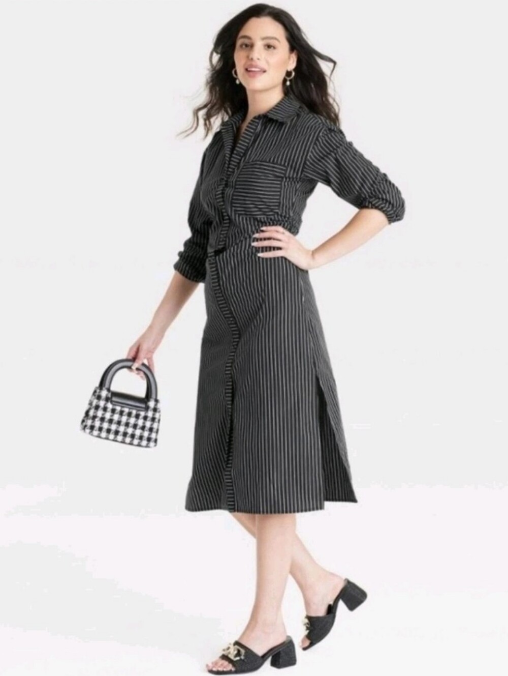 NWT A New Day Pinstripe Shirt Dress Black & White Button Down Crisp Cotton XS